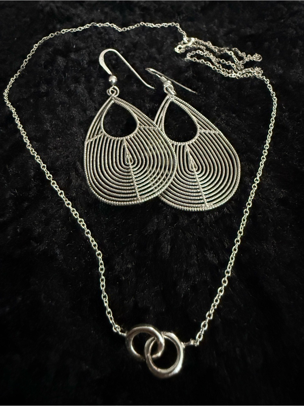 Dobbs Italian Rhodium Sterling Silver Earrings + Interlocking Circle Necklace